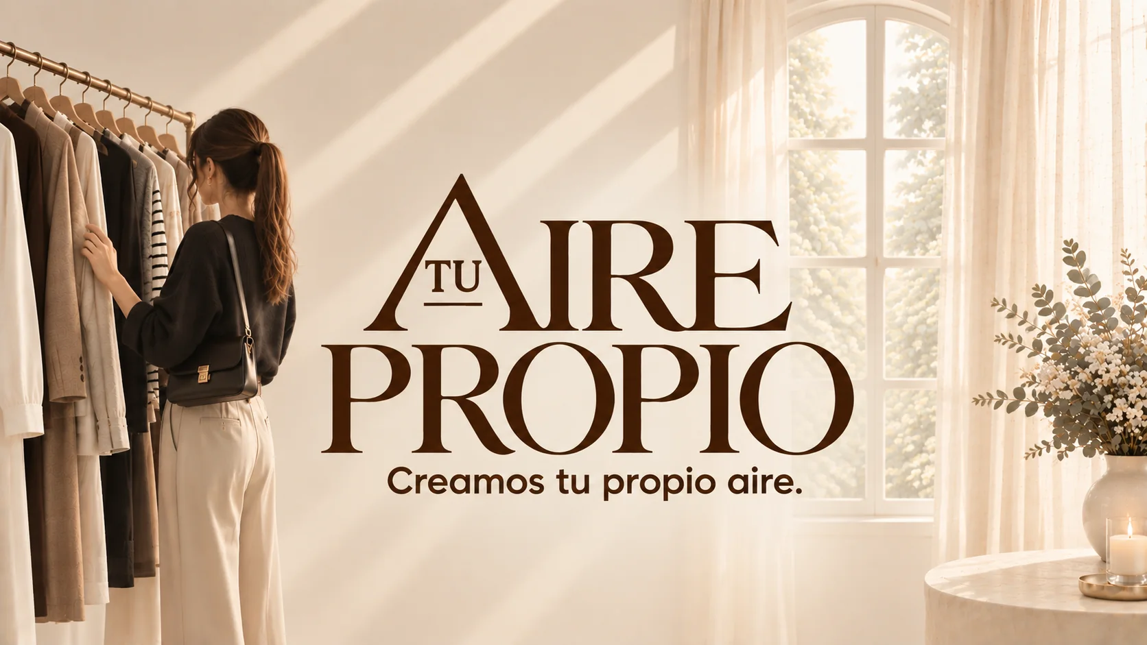 Una mujer eligiendo prendas en un armario luminoso. Tu Aire Propio, creamos tu propio aire.